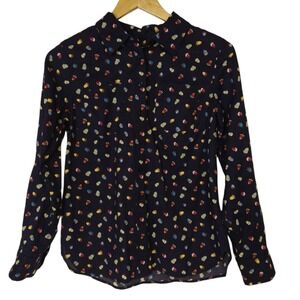 Talbots Petites Shirt Acorn All Over Print S/XS Cotton Button Up Role Tab Sleeve